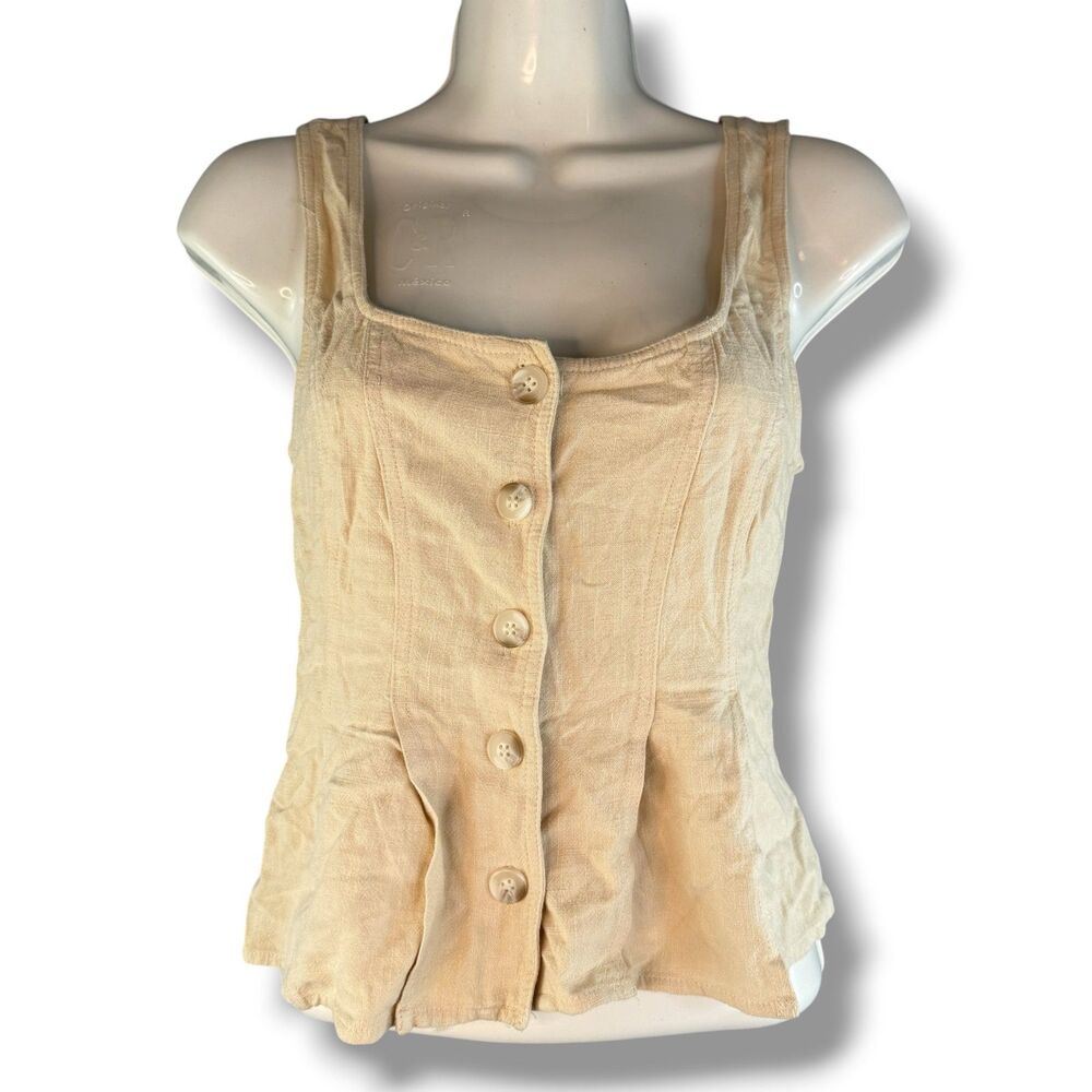 Elodie The Label Revolve Linen Blend Tan Button Up Sleeveless Top Boho Lagenlook